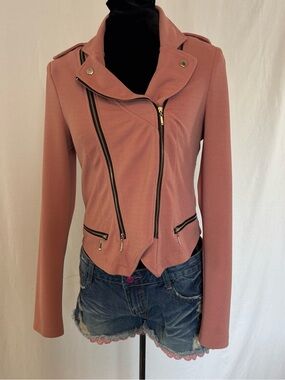Blush Moto Jacket Asymmetrical Zipper Minimalist Biker Chic Cropped S/M